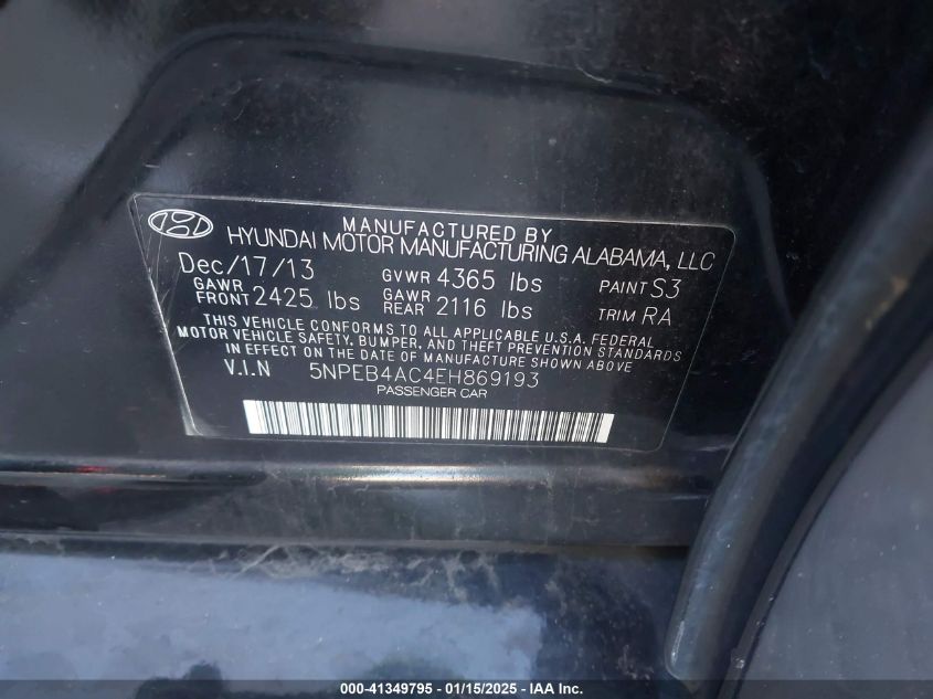 VIN 5NPEB4AC4EH869193 2014 HYUNDAI SONATA no.9