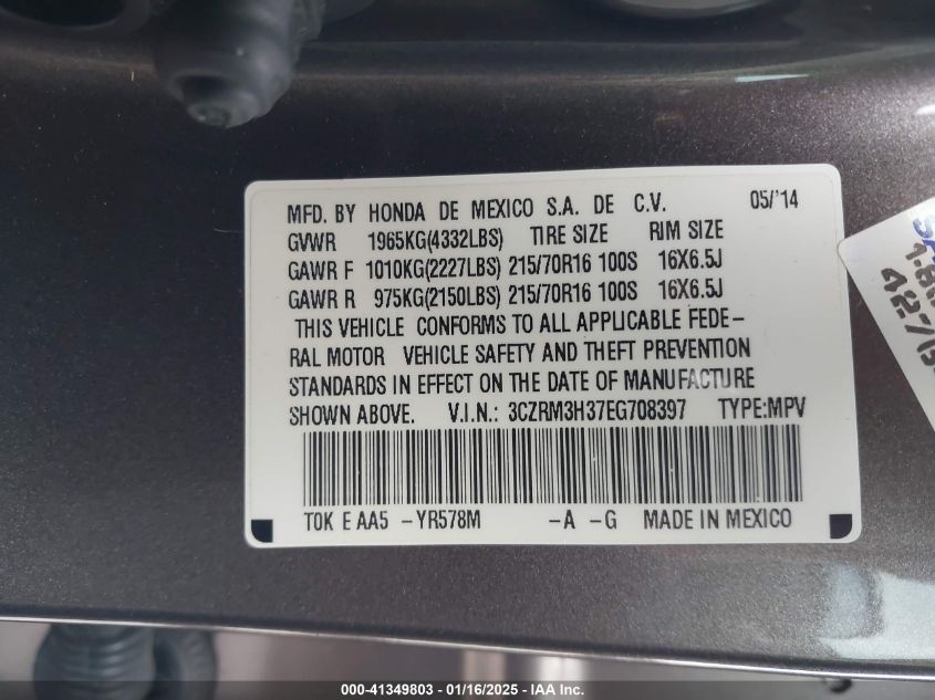 2014 Honda Cr-V Lx VIN: 3CZRM3H37EG708397 Lot: 41349803