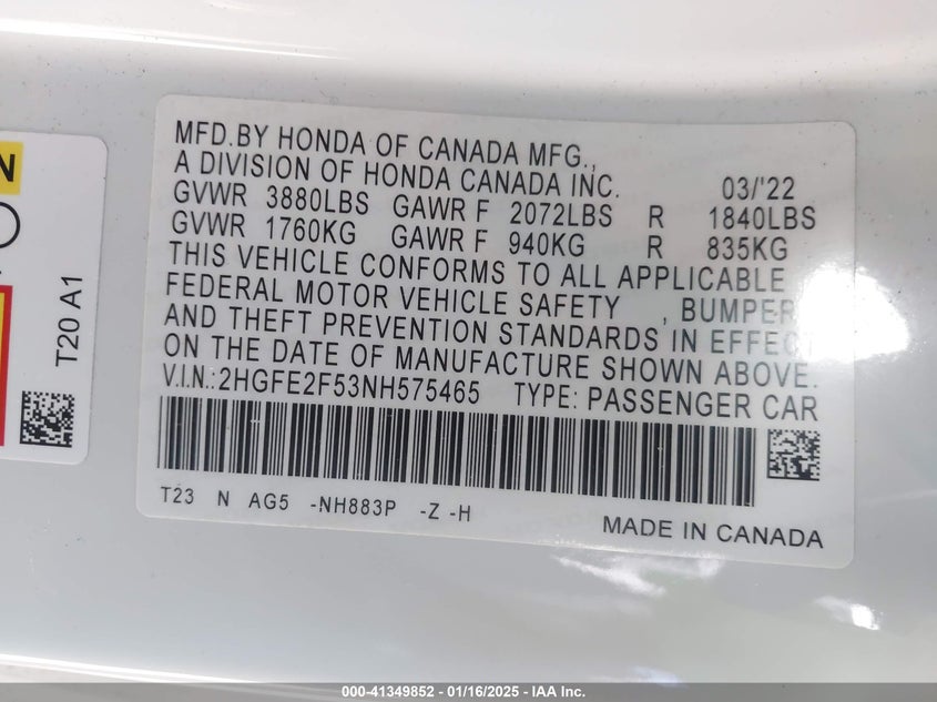 2022 HONDA CIVIC SPORT - 2HGFE2F53NH575465