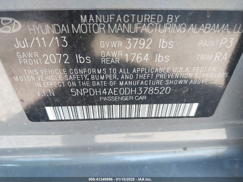 VIN 5NPDH4AE0DH378520 2013 HYUNDAI ELANTRA no.9