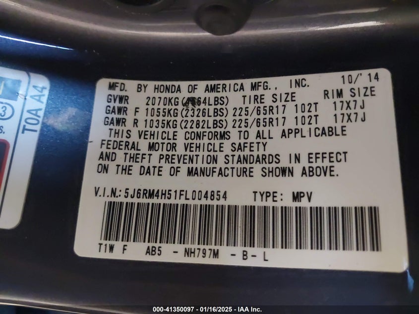 2015 HONDA CR-V EX - 5J6RM4H51FL004854