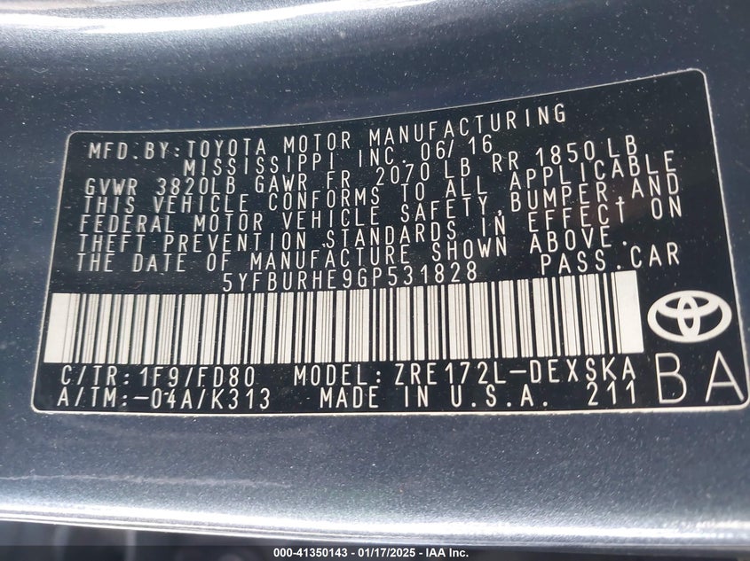 2016 TOYOTA COROLLA VIN: 5YFBURHE9GP531828