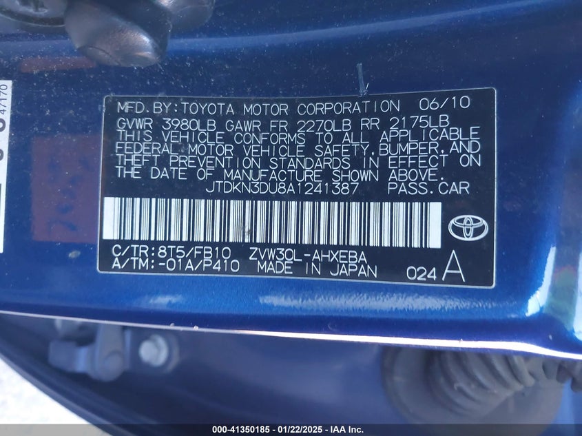 2010 TOYOTA PRIUS VIN: JTDKN3DU8A1241387