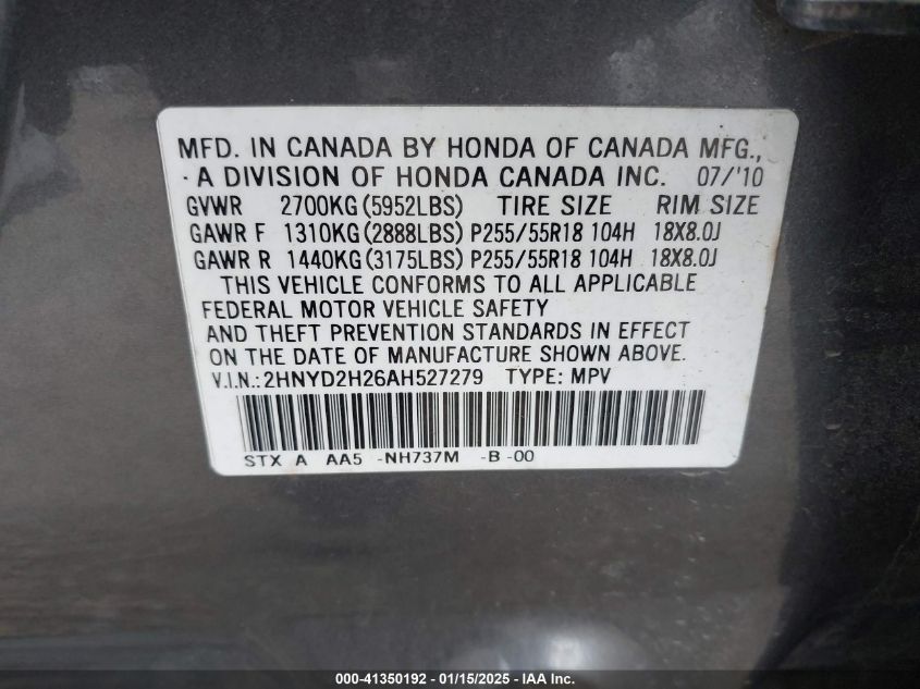 2010 Acura Mdx VIN: 2HNYD2H26AH527279 Lot: 41350192