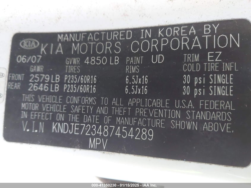2008 Kia Sportage Lx V6 VIN: KNDJE723487454289 Lot: 41350230