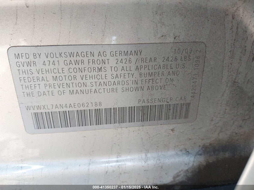 2010 VOLKSWAGEN PASSAT VIN: WVWXL7AN4AE062188