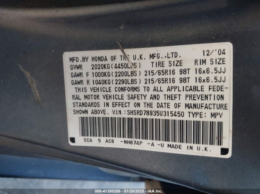 2005 Honda Cr-V Se VIN: SHSRD78935U315450 Lot: 41350288