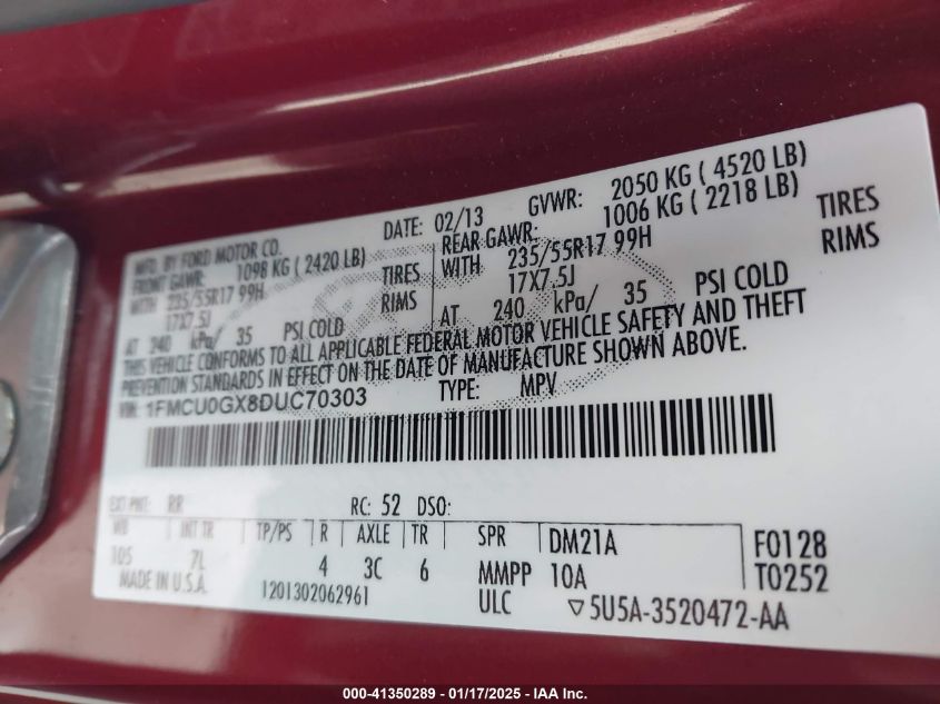 VIN 1FMCU0GX8DUC70303 2013 Ford Escape, SE no.9