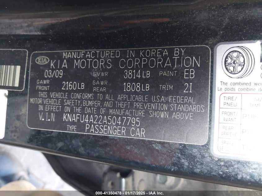 2010 KIA FORTE VIN: KNAFU4A22A5047795