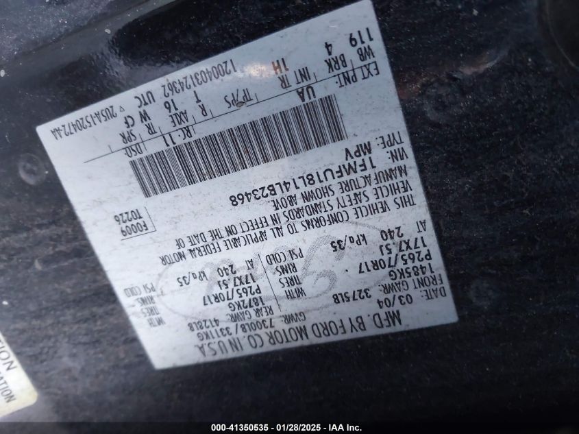 2004 Ford Expedition Eddie Bauer VIN: 1FMFU18L14LB23468 Lot: 41350535