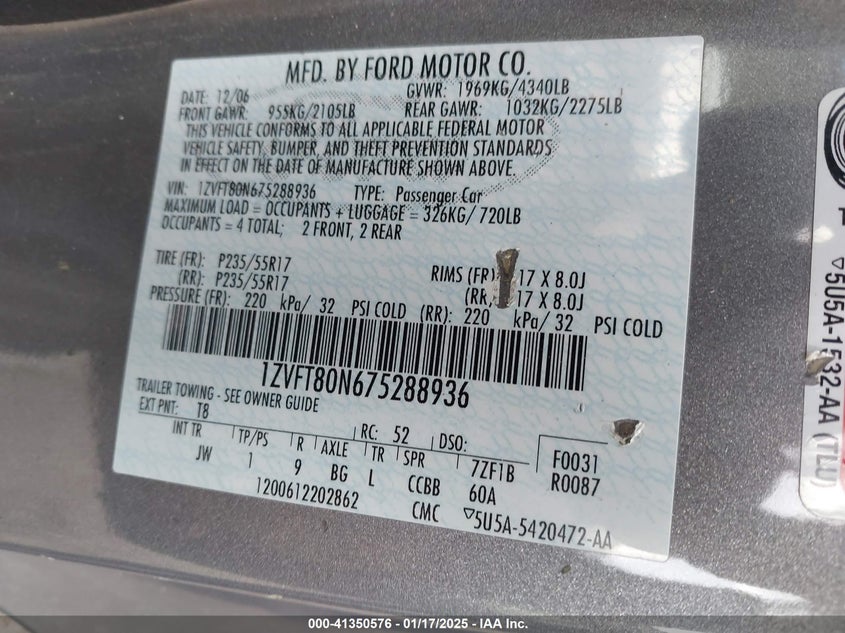 2007 FORD MUSTANG VIN: 1ZVFT80N675288936