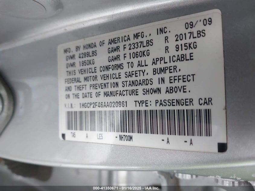 2010 HONDA ACCORD VIN: 1HGCP2F46AA020961