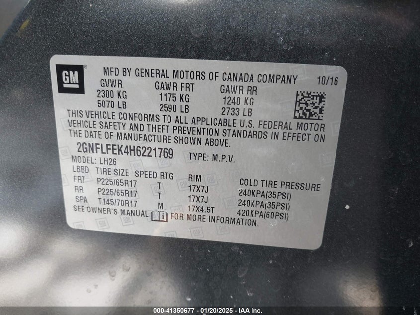 2017 CHEVROLET EQUINOX VIN: 2GNFLFEK4H6221769