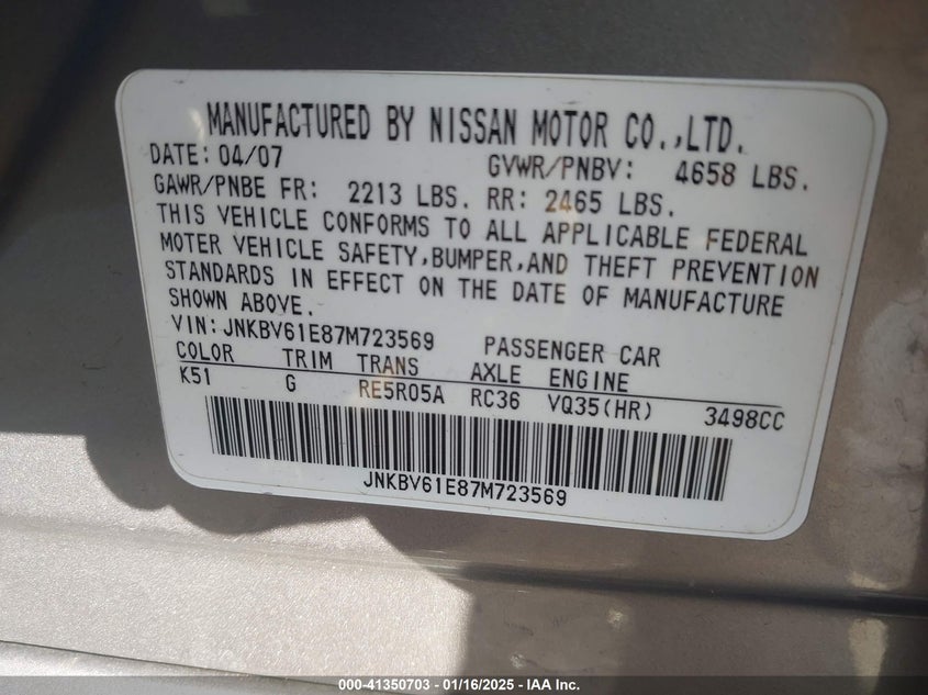 2007 INFINITI G35 VIN: JNKBV61E87M723569