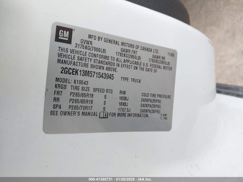 2007 Chevrolet Silverado 1500 Ltz VIN: 2GCEK13M571543945 Lot: 41350731