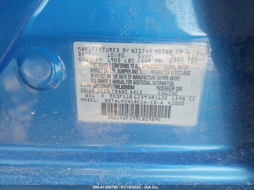 2021 NISSAN VERSA VIN: 3N1CN8FV7ML809894