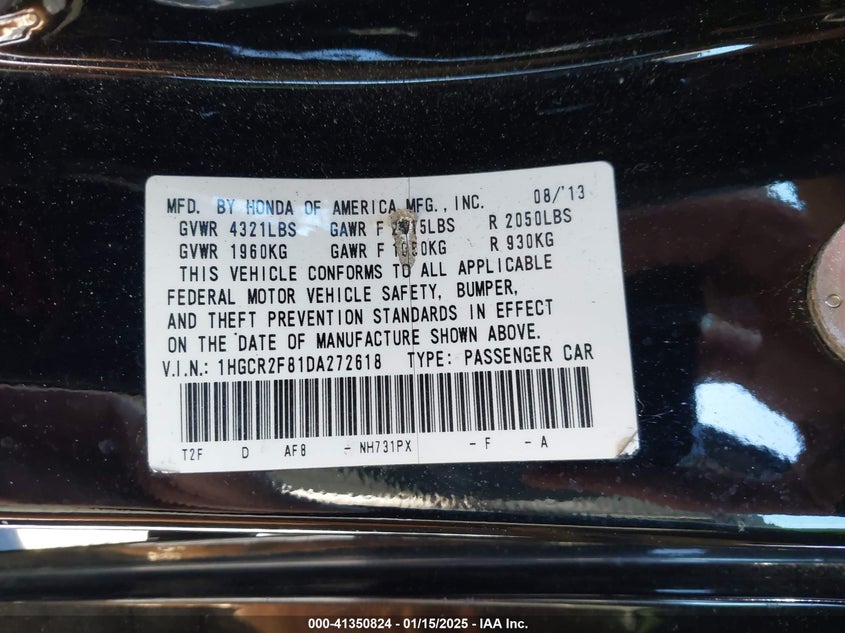 2013 HONDA ACCORD VIN: 1HGCR2F81DA272618