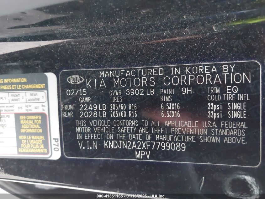 VIN KNDJN2A2XF7799089 2015 KIA SOUL no.9