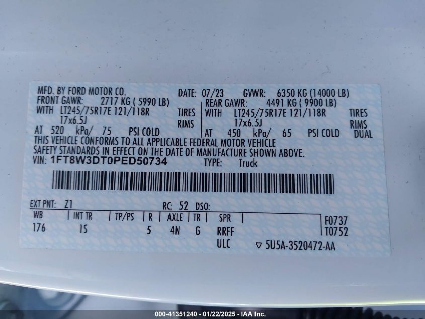 2023 Ford F-350 Xl VIN: 1FT8W3DT0PED50734 Lot: 41351240