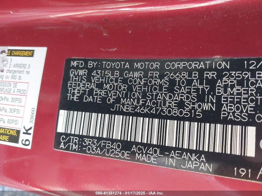 2007 TOYOTA CAMRY VIN: JTNBE46K473080515
