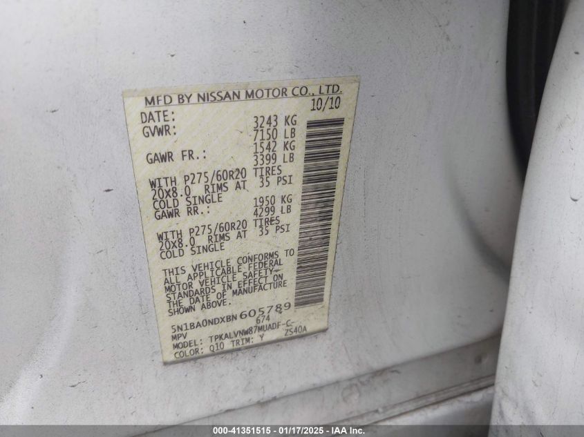 2011 Nissan Armada Sl VIN: 5N1BA0NDXBN605789 Lot: 41351515