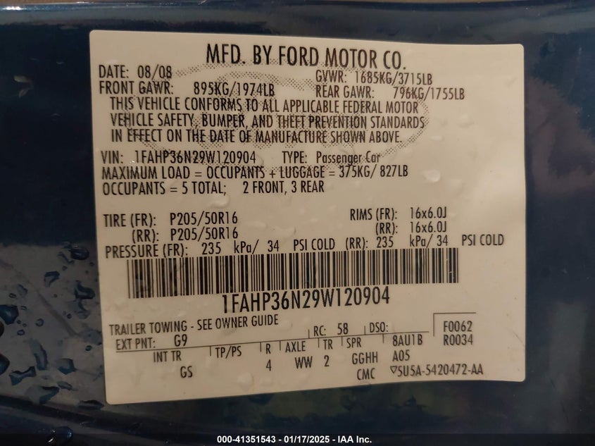 2009 FORD FOCUS VIN: 1FAHP36N29W120904