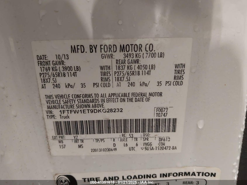 2013 FORD F-150 VIN: 1FTFW1ET9DKG28232