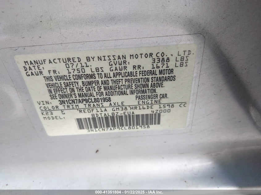 2012 NISSAN VERSA VIN: 3N1CN7AP9CL801958