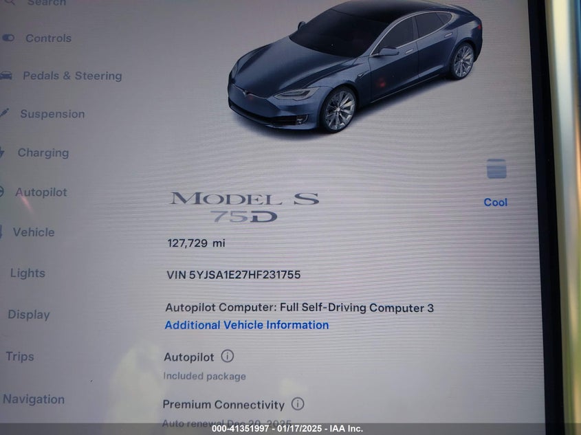 2017 TESLA MODEL S VIN: 5YJSA1E27HF231755