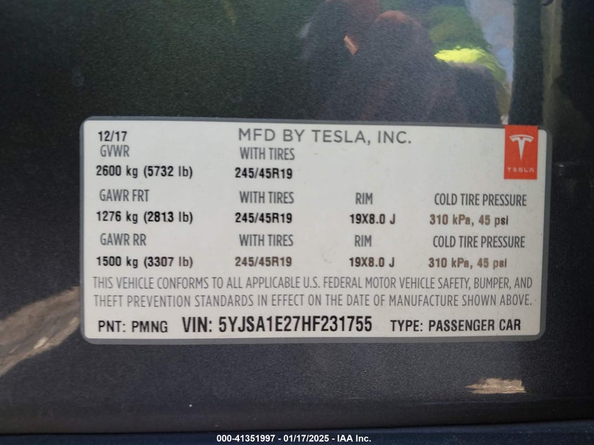 2017 TESLA MODEL S VIN: 5YJSA1E27HF231755