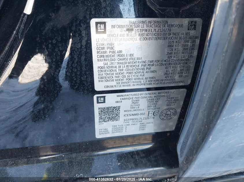 2020 GMC SIERRA 2500 VIN: 1GTP9EEL7LZ126778