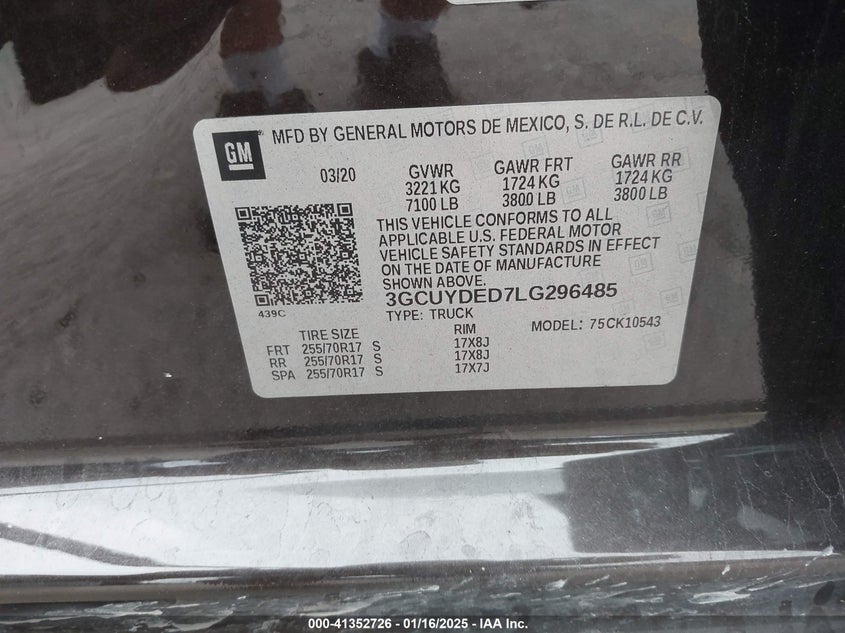 2020 CHEVROLET SILVERADO 1500 VIN: 3GCUYDED7LG296485