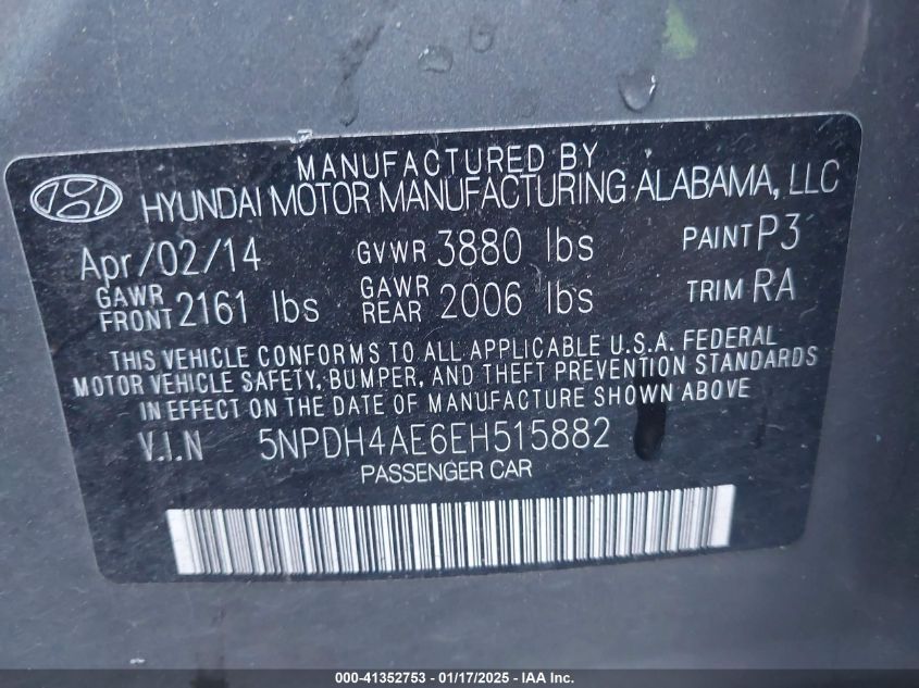 VIN 5NPDH4AE6EH515882 2014 Hyundai Elantra, SE no.9