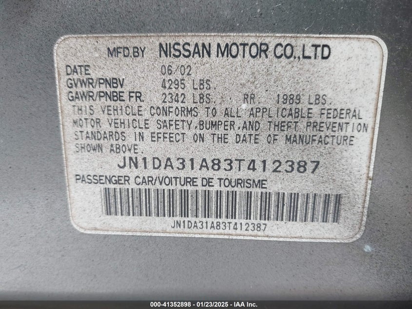 2003 Nissan Maxima Gle VIN: JN1DA31A83T41238 Lot: 41352898