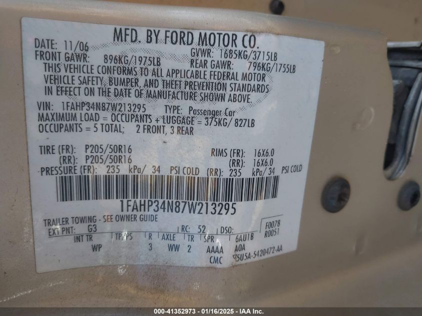 2007 Ford Focus VIN: 1FAHT34N87W213295 Lot: 41352973