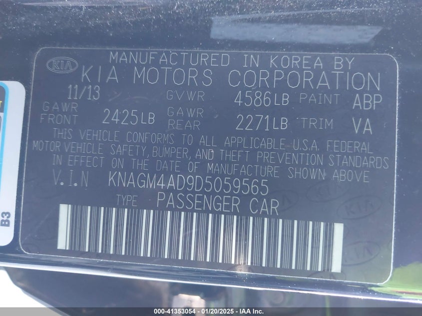 2013 KIA OPTIMA HYBRID VIN: KNAGM4AD9D5059565