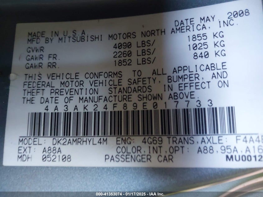 2009 MITSUBISHI ECLIPSE VIN: 4A3AK24F89E017733