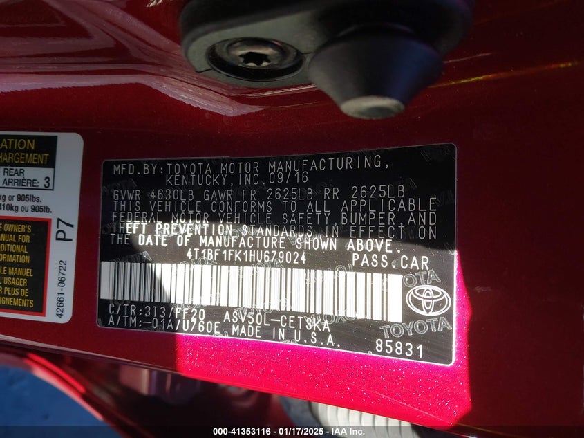 2017 TOYOTA CAMRY VIN: 4T1BF1FK1HU679024