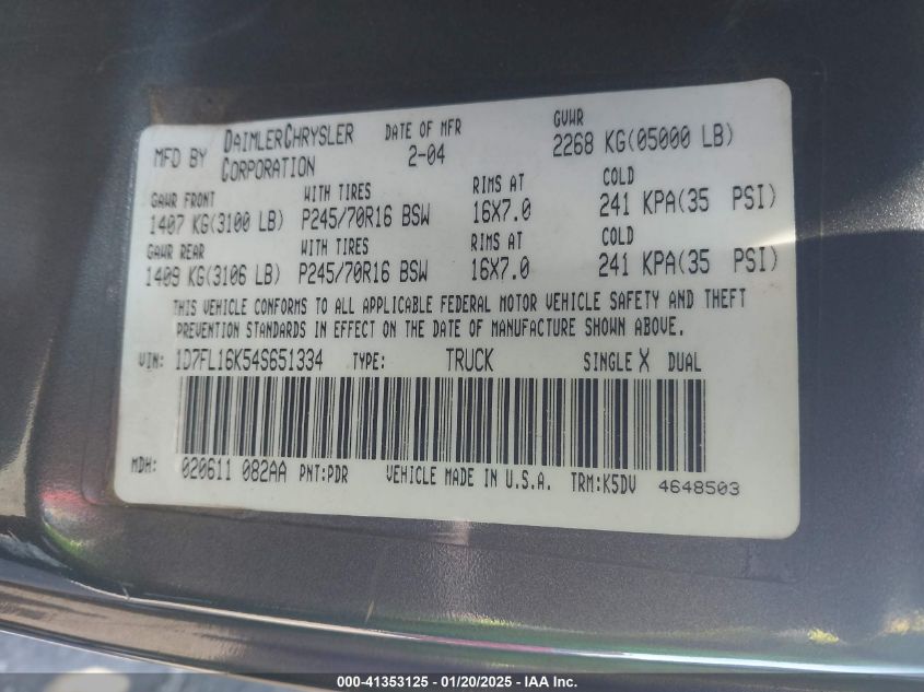 2004 Dodge Dakota VIN: 1D7FL16K54S651334 Lot: 41353125