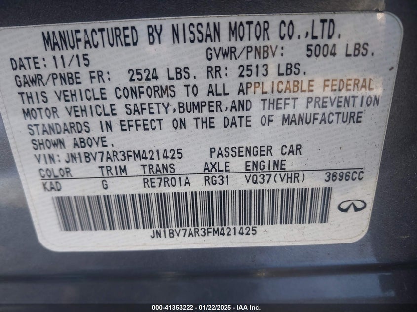 2015 INFINITI Q50 PREMIUM - JN1BV7AR3FM421425