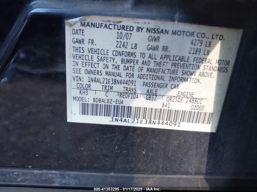 2008 NISSAN ALTIMA VIN: 1N4AL21E38N444091