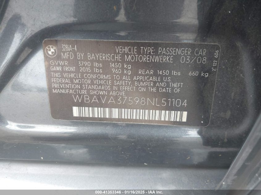 2008 BMW 328I VIN: WBAVA37598NL51104 Lot: 41353346