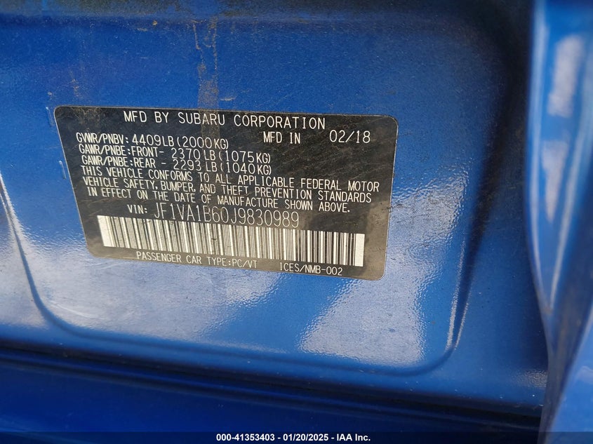 2018 SUBARU WRX VIN: JF1VA1B60J9830989