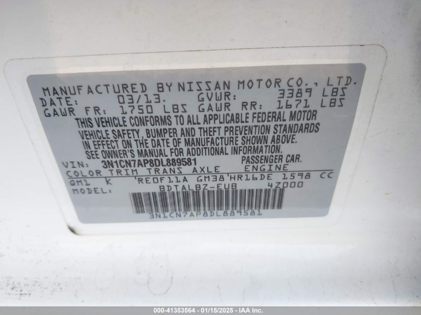 VIN 3N1CN7AP8DL889581 2013 NISSAN VERSA no.9