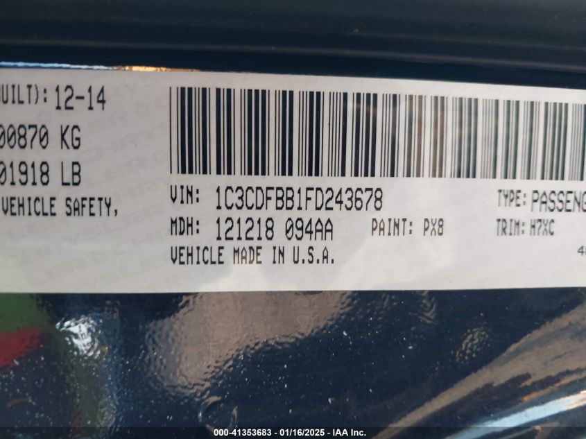 2015 Dodge Dart Sxt VIN: 1C3CDFBB1FD243678 Lot: 41353683