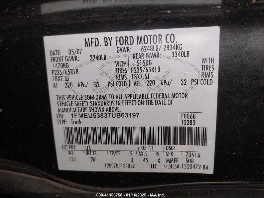 2007 FORD EXPLORER SPORT TRAC VIN: 1FMEU53837UB63197