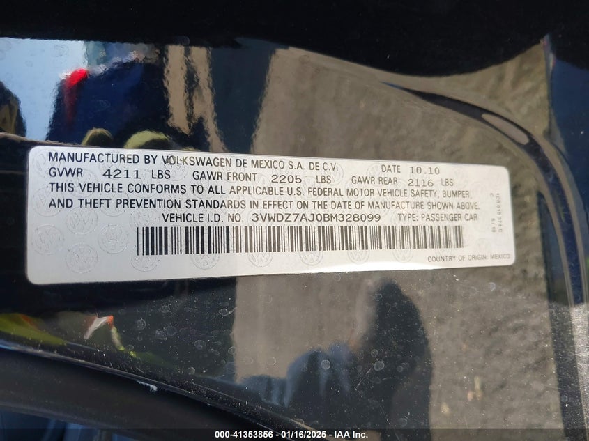 2011 VOLKSWAGEN JETTA VIN: 3VWDZ7AJ0BM328099