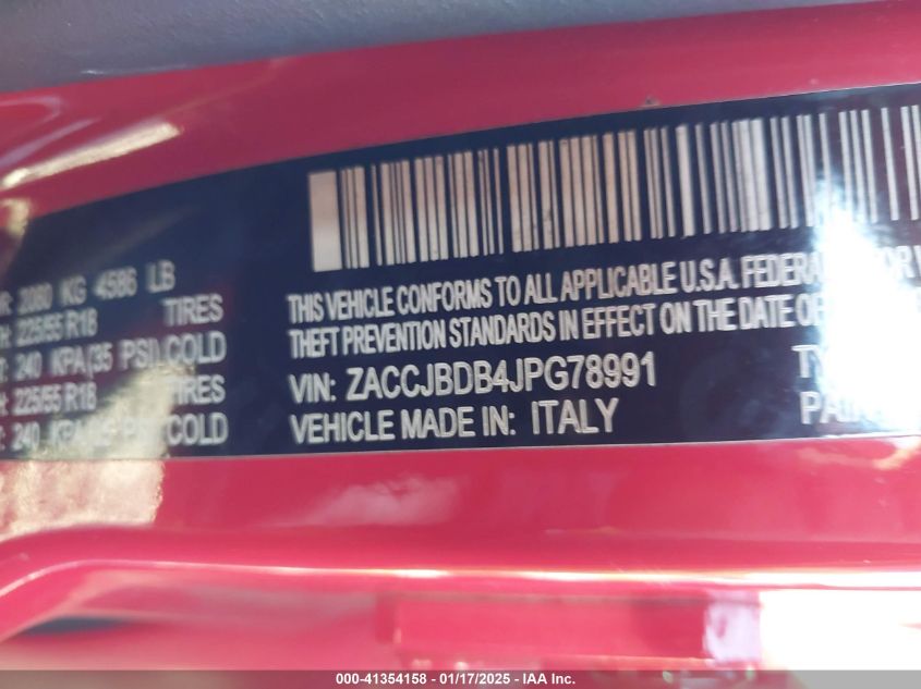 2018 Jeep Renegade Limited 4X4 VIN: ZACCJBDB4JPG78991 Lot: 41354158