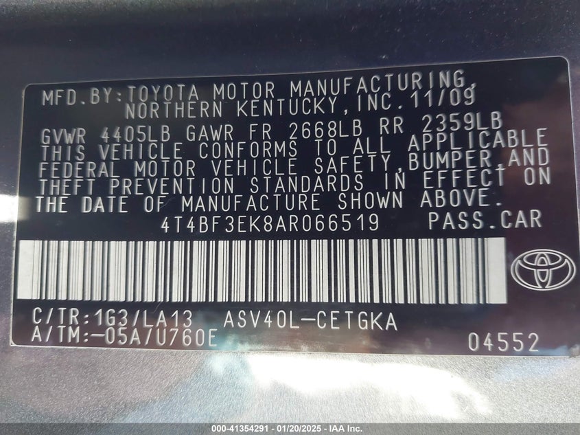 2010 TOYOTA CAMRY VIN: 4T4BF3EK8AR066519