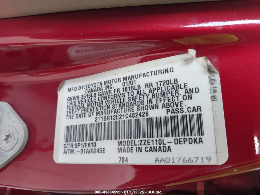 2001 Toyota Corolla Le VIN: 2T1BR12E21C482426 Lot: 41354596